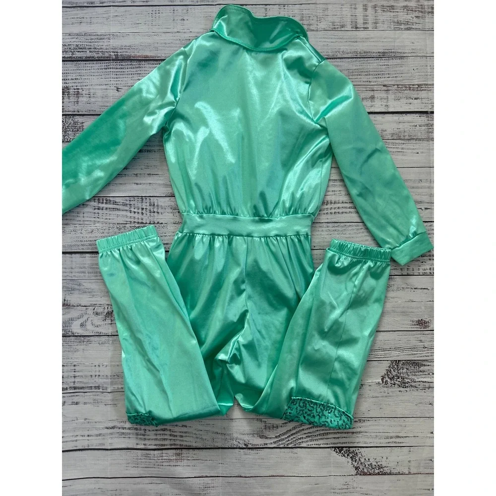 Weissman Kids Mint Green Sequin Satin Jazz Dance Jumpsuit Costume Headband‎ IC